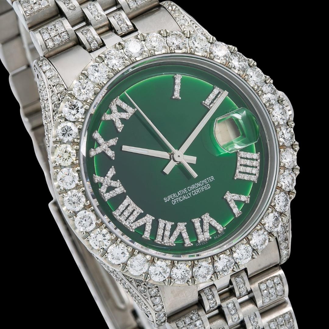 Rolex Datejust Green Dial Diamond Roman Numerals Fully Iced Out Jubilee Bracelet Moissanite Watch Close Up Dial View