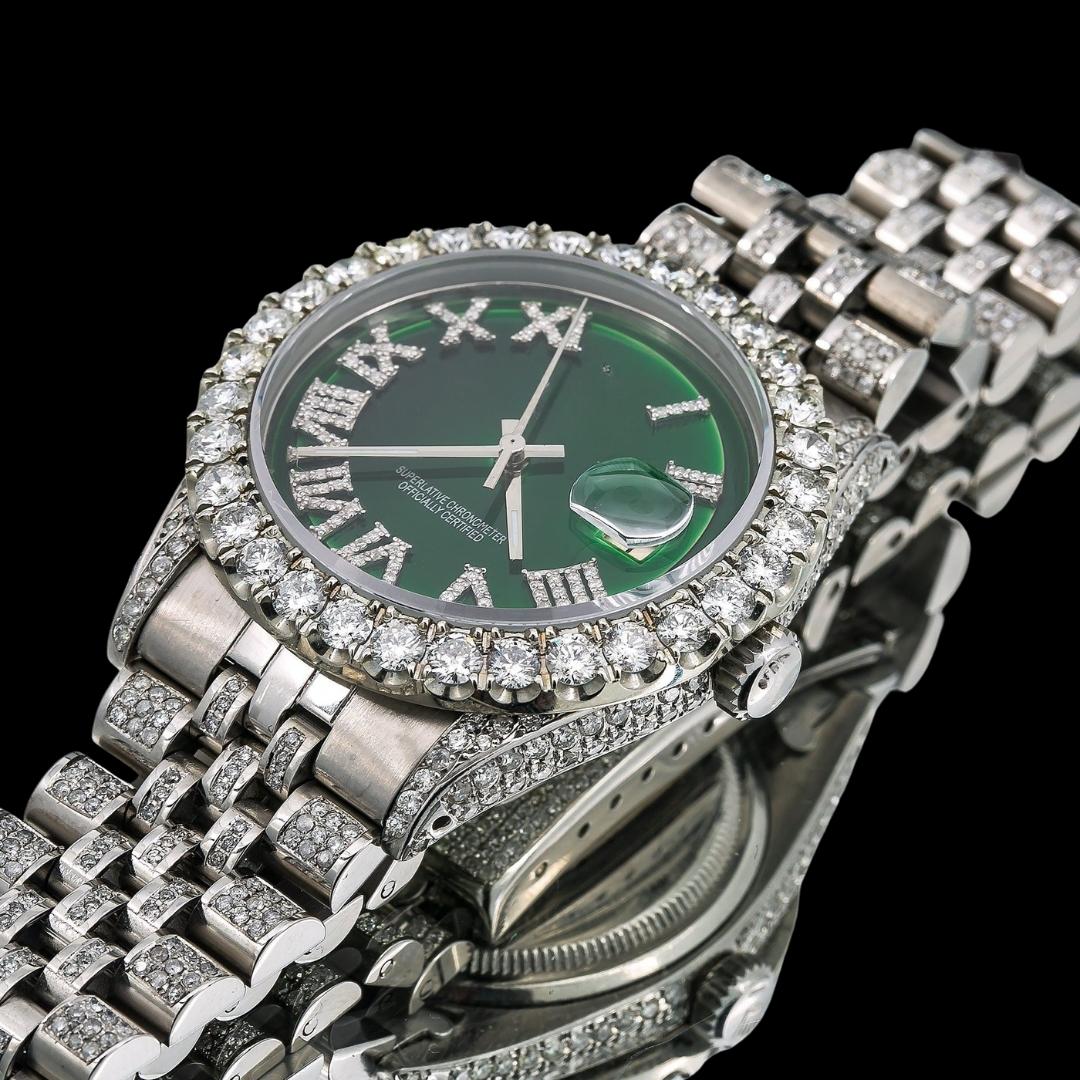 Rolex Datejust Green Dial Diamond Roman Numerals Fully Iced Out Jubilee Bracelet Moissanite Watch Close Up Front View