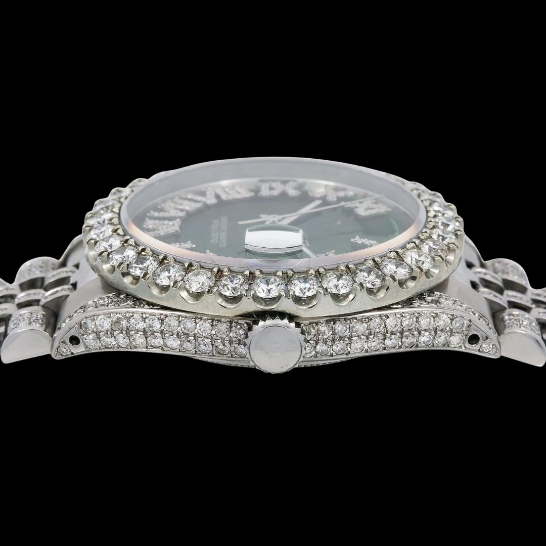 Rolex Datejust Green Dial Diamond Roman Numerals Fully Iced Out Jubilee Bracelet Moissanite Watch Crown View