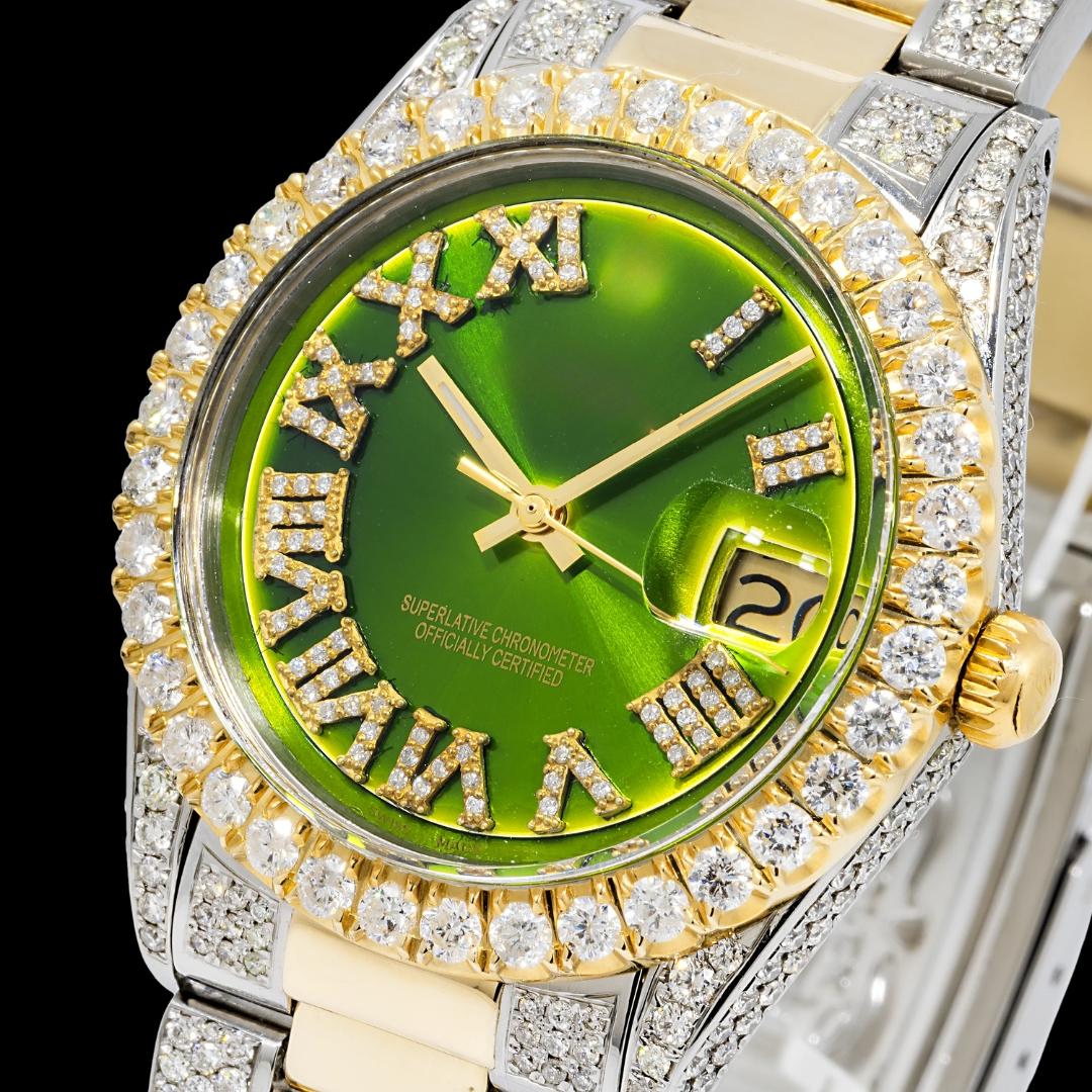 Rolex Datejust Green Roman Dial Two Tone Yellow Gold Oyster Bracelet Moissanite Watch Close Up Dial View
