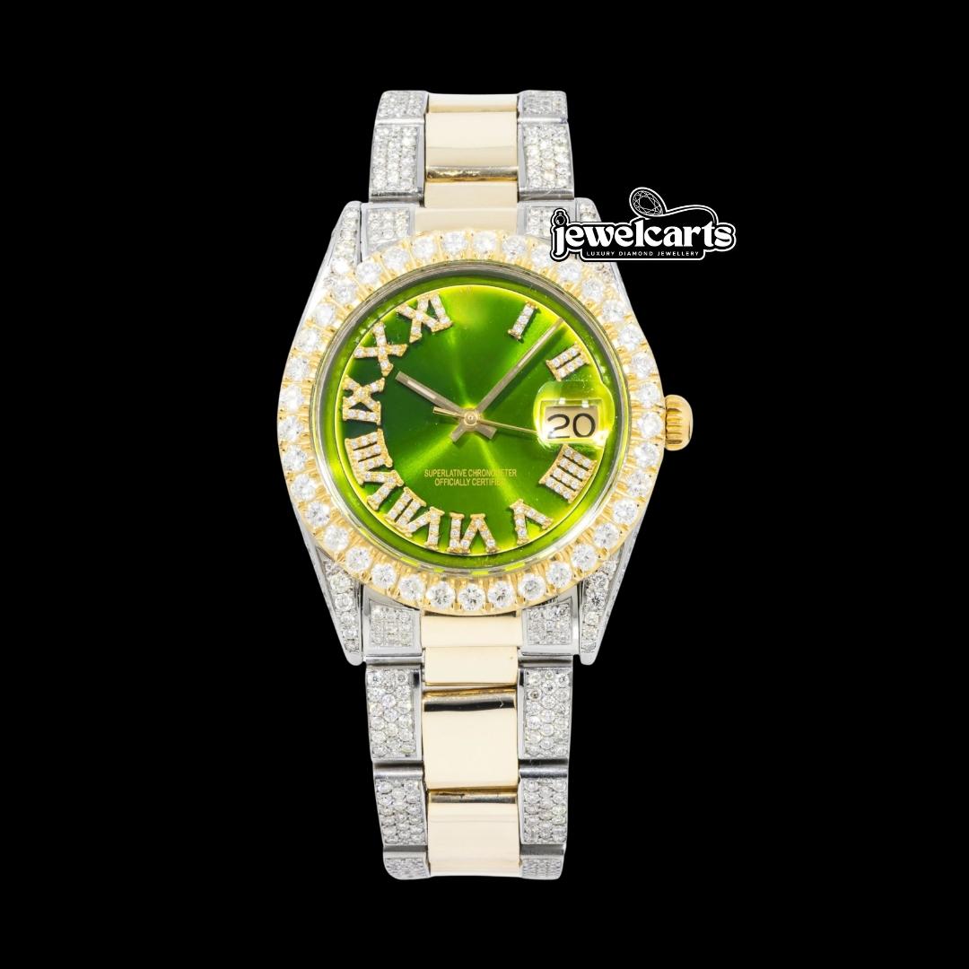 Rolex Datejust Green Roman Dial Two Tone Yellow Gold Oyster Bracelet Moissanite Watch Front View
