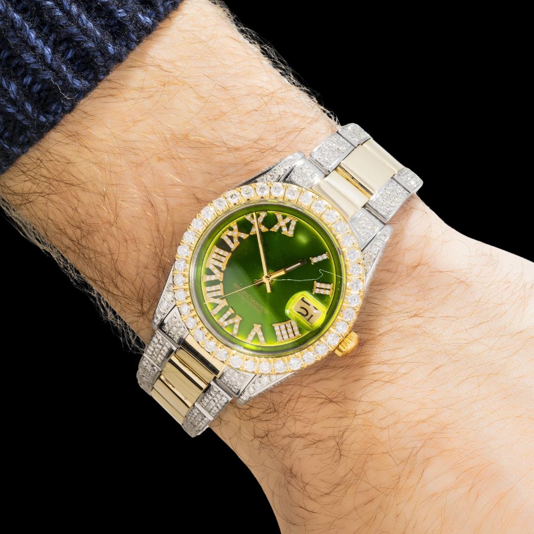 Rolex Datejust Green Roman Dial Two Tone Yellow Gold Oyster Bracelet Moissanite Watch On Wrist View