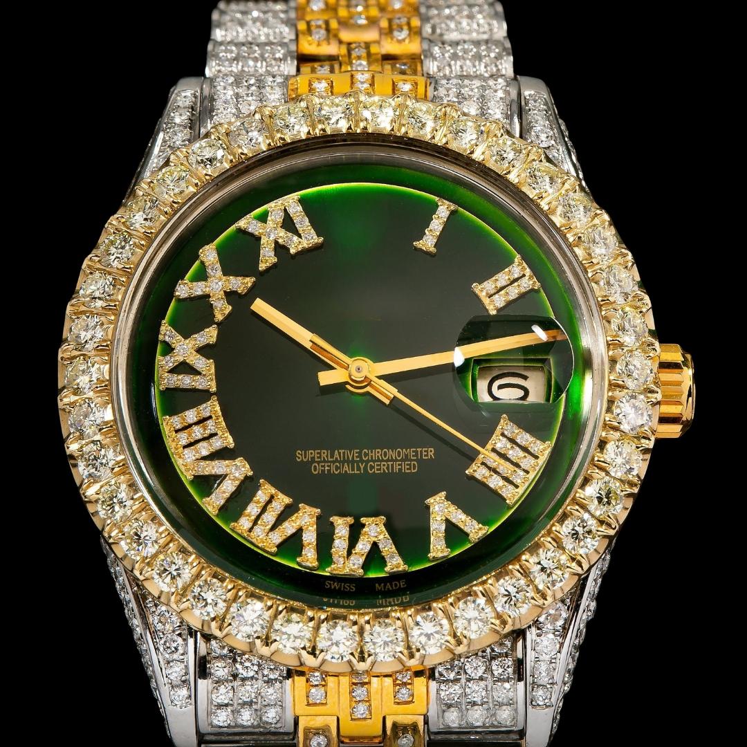 Rolex Datejust Green Roman Diamond Dial Two Tone Jubilee Bracelet Rose Gold Moissanite Watch Close Up Roman Numerals View