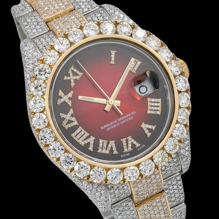 Rolex Datejust II Ruby Red Dial Roman Numerals Two Tone Yellow Gold Oyster Strap Iced Out Moissanite Watch Close Up Dial View