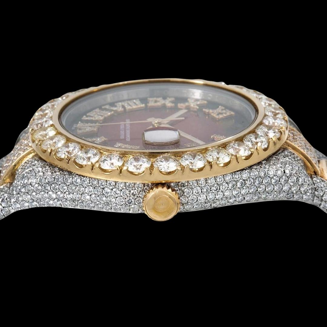 Rolex Datejust II Ruby Red Dial Roman Numerals Two Tone Yellow Gold Oyster Strap Iced Out Moissanite Watch Crown View