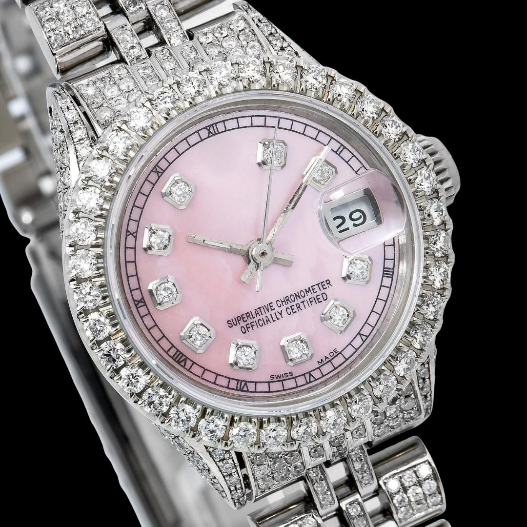 Rolex Datejust Ladies Pink Dial Diamond Markers Full Iced Out Jubilee Bracelet Moissanite Watch Close Up Dial View