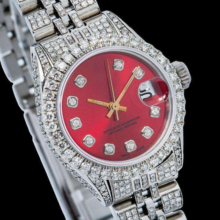 Rolex Datejust Ladies Red Dial Diamond Markers Full Iced Out Jubilee Bracelet Moissanite Watch Close Up Dial View