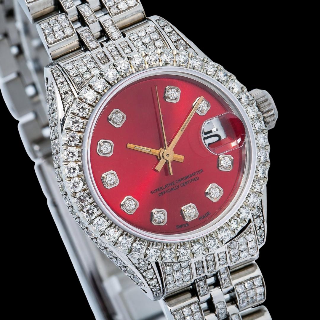 Rolex Datejust Ladies Red Dial Diamond Markers Full Iced Out Jubilee Bracelet Moissanite Watch Close Up Dial View