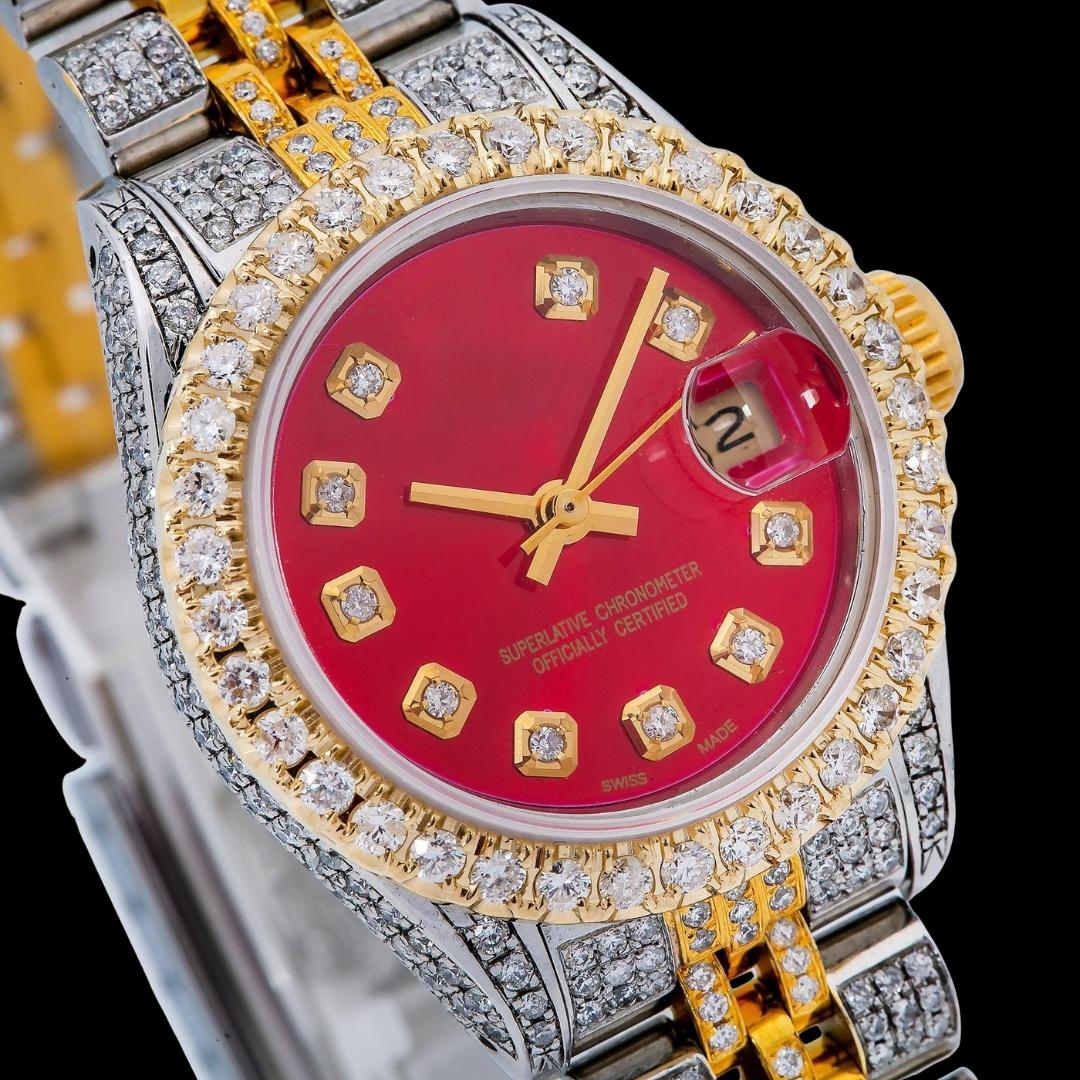 Rolex Datejust Ladies Red Dial Diamond Markers Two Tone Jubilee Bracelet Iced Out Moissanite Watch Close Up Dial View
