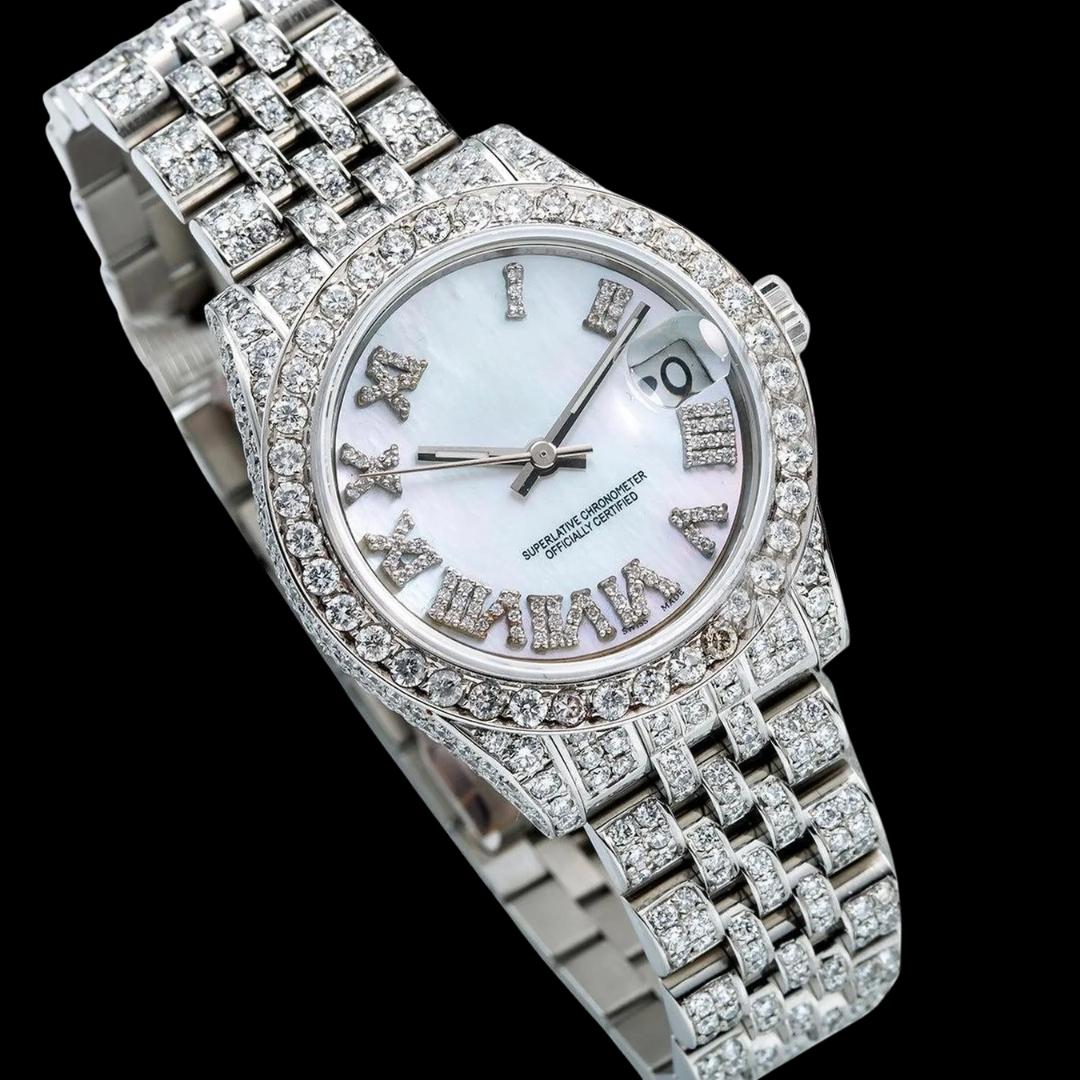 Rolex Datejust Ladies White Roman Dial Jubilee Bracelet Fully Iced Out Moissanite Watch Close Up Front View