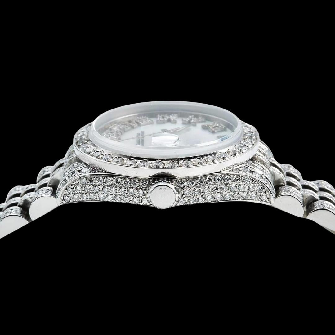 Rolex Datejust Ladies White Roman Dial Jubilee Bracelet Fully Iced Out Moissanite Watch Crown View