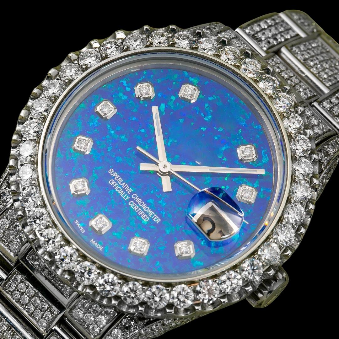 Rolex Datejust Ocean Blue Dial Diamond Markers Fully Iced Out Oyster Bracelet Moissanite Watch Close Up Bezel View
