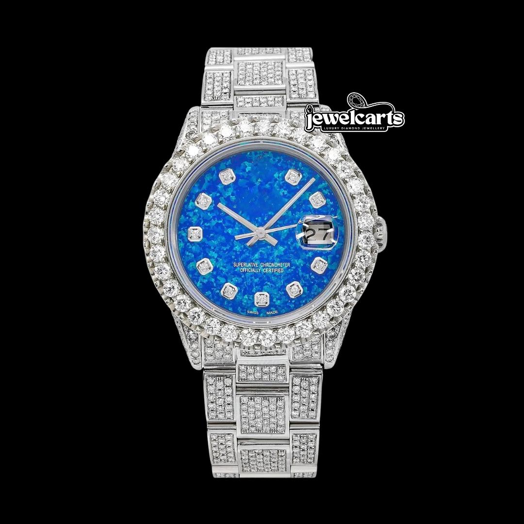 Rolex Datejust Ocean Blue Dial Diamond Markers Fully Iced Out Oyster Bracelet Moissanite Watch Front View