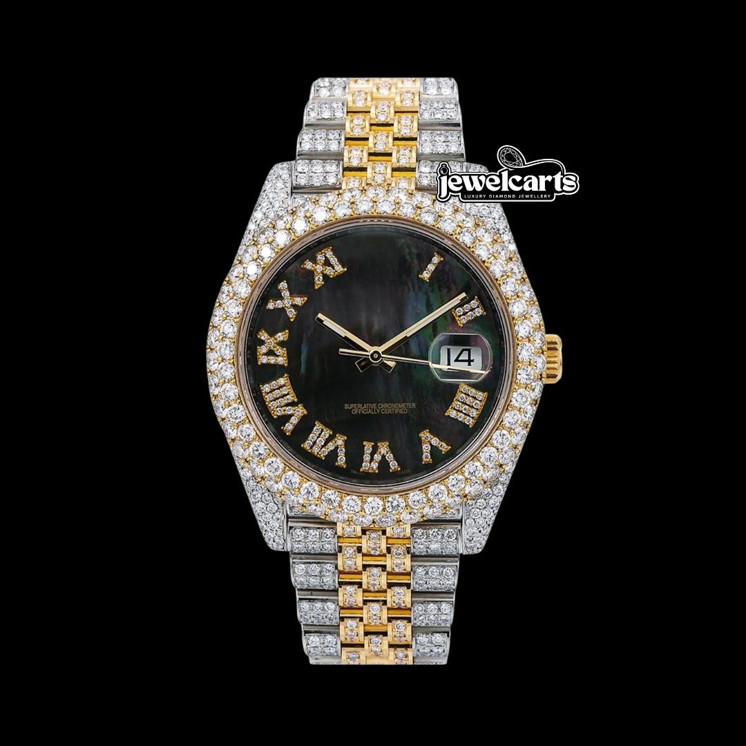 Rolex Datejust Pearl Black Dial Diamond Roman Numerals Two Tone Yellow Gold Iced Out Jubilee Bracelet Watch Front View