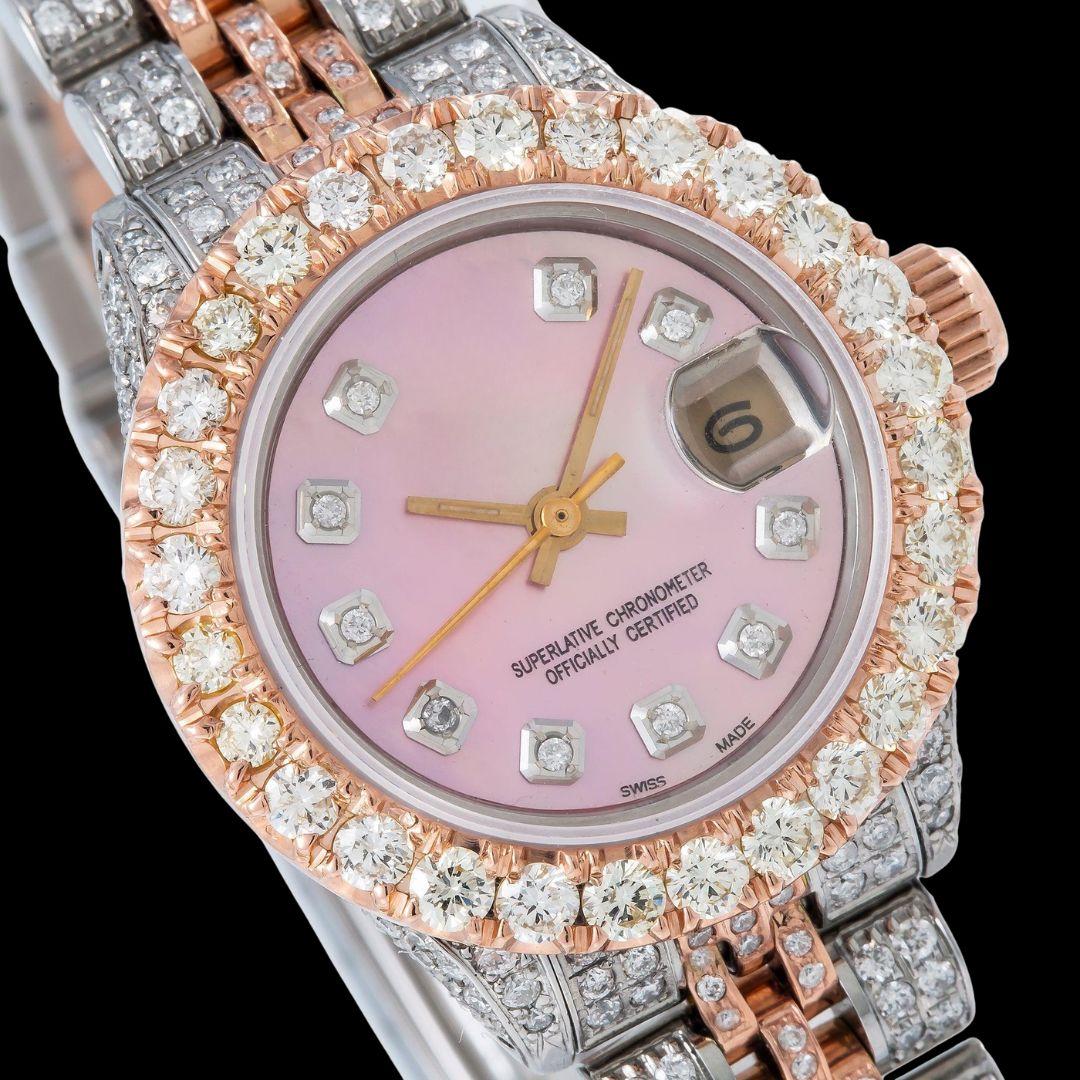 Rolex Datejust Pink Dial Diamond Bezel Two Tone Rose Gold Jubilee Bracelet Iced Out Moissanite Watch Close Up Dial View