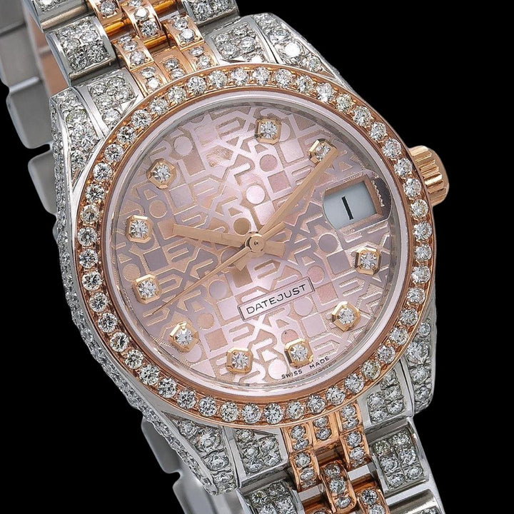 Rolex Datejust Pink Dial Diamond Markers Jubilee Bracelet Two Tone Rose Gold Iced Out Moissanite Watch Close Up Dial View