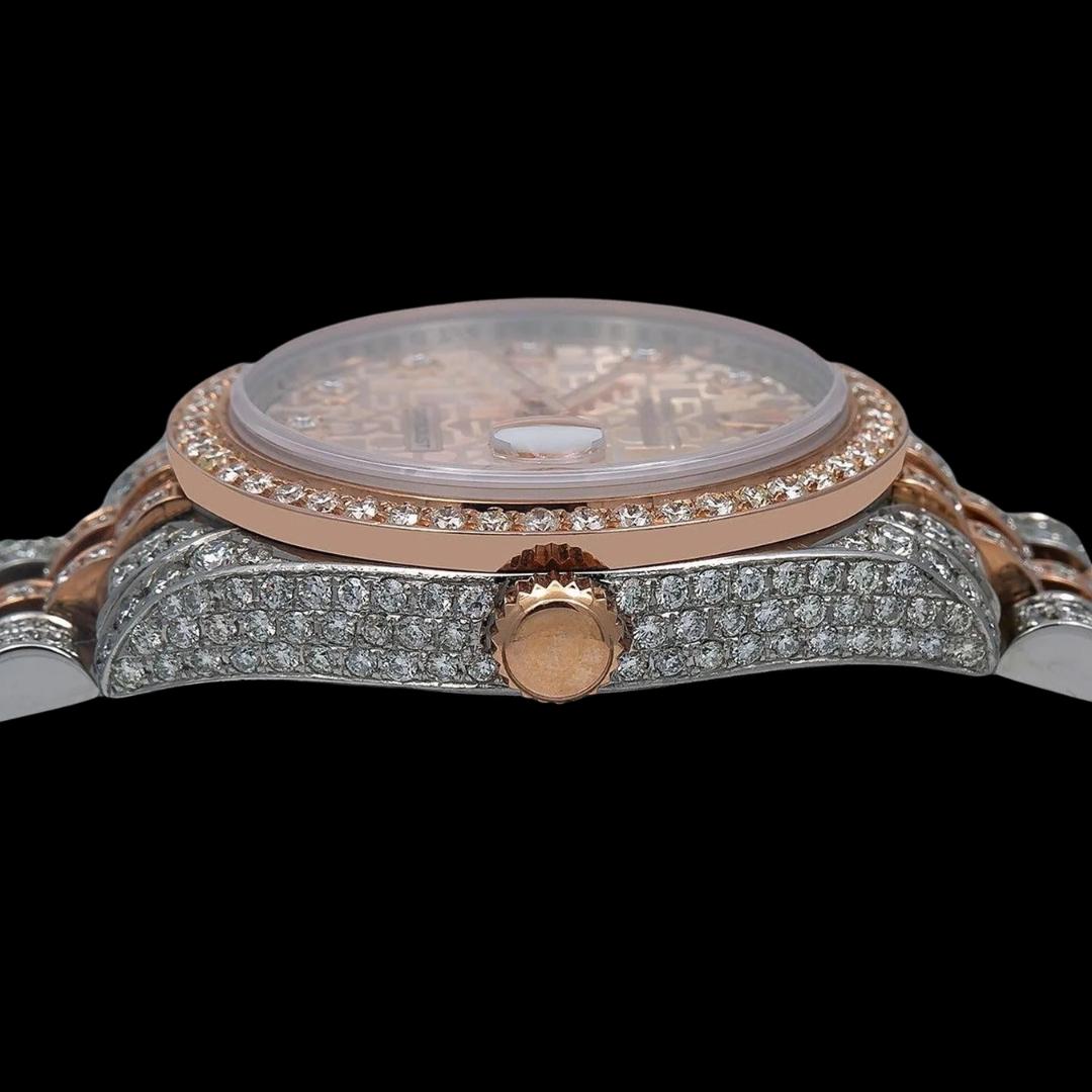 Rolex Datejust Pink Dial Diamond Markers Jubilee Bracelet Two Tone Rose Gold Iced Out Moissanite Watch Crown View