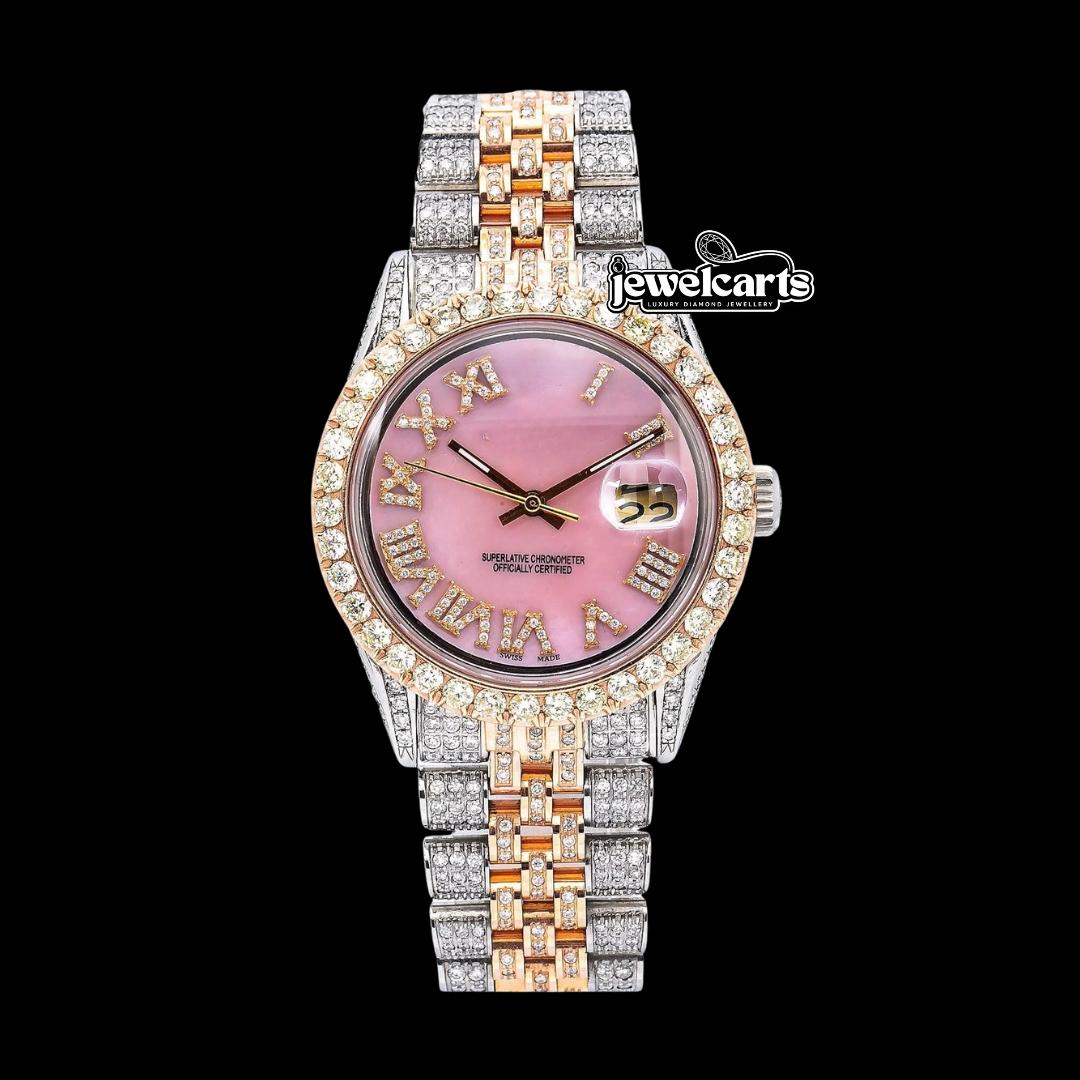Rolex Datejust Pink Dial Diamond Roman Numerals Two Tone Jubilee Bracelet Rose Gold Moissanite Watch Front View