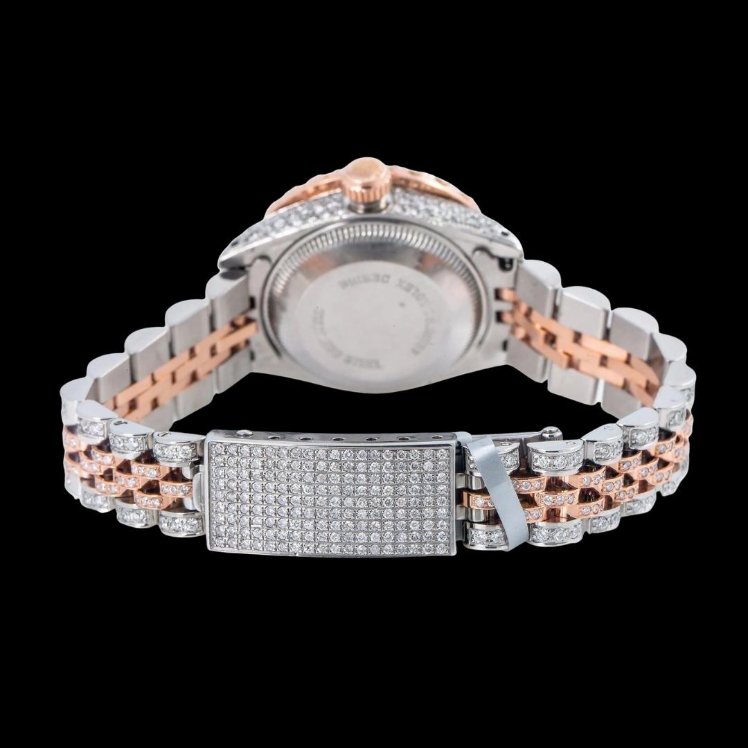 Rolex Datejust Pink Pearl Diamond Dial Two Tone Rose Gold Full Iced Out Jubilee Bracelet Moissanite Watch Caseback View
