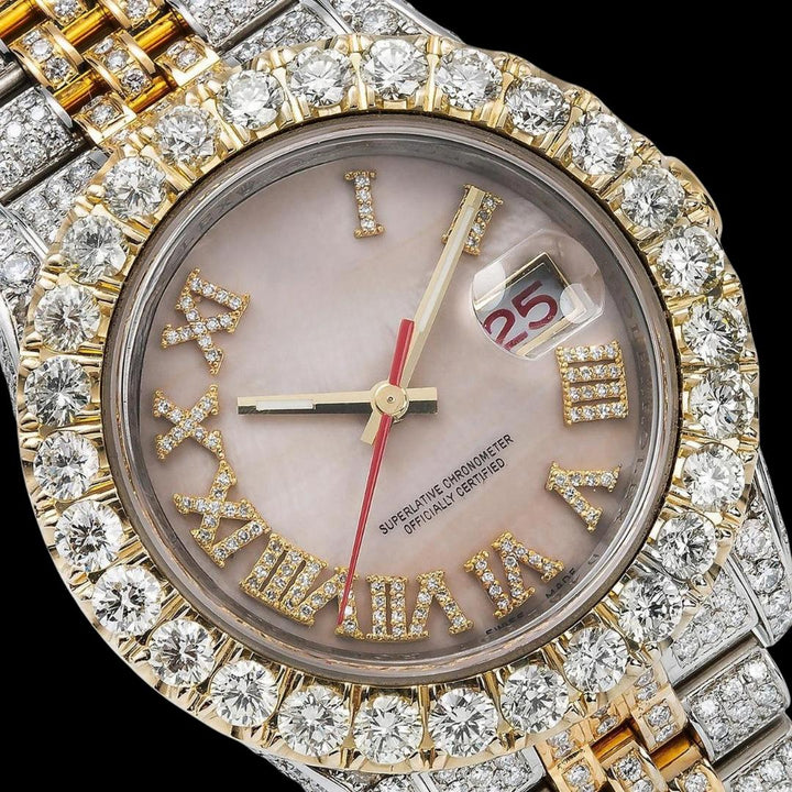Rolex Datejust Pink Pearl Roman Dial Two Tone Yellow Gold Jubilee Bracelet Iced Out Moissanite Watch Close Up Dial View