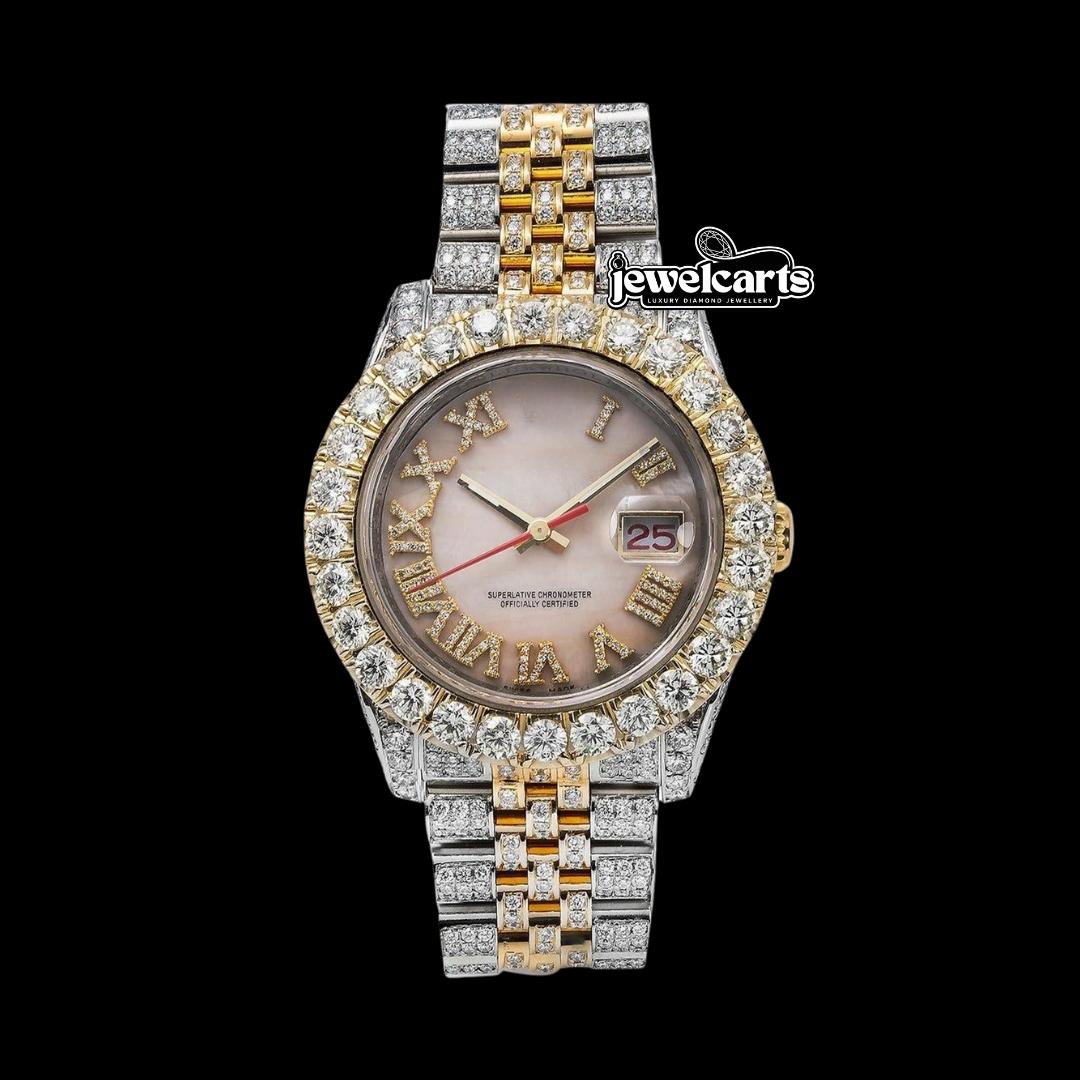 Rolex Datejust Pink Pearl Roman Dial Two Tone Yellow Gold Jubilee Bracelet Iced Out Moissanite Watch Front View