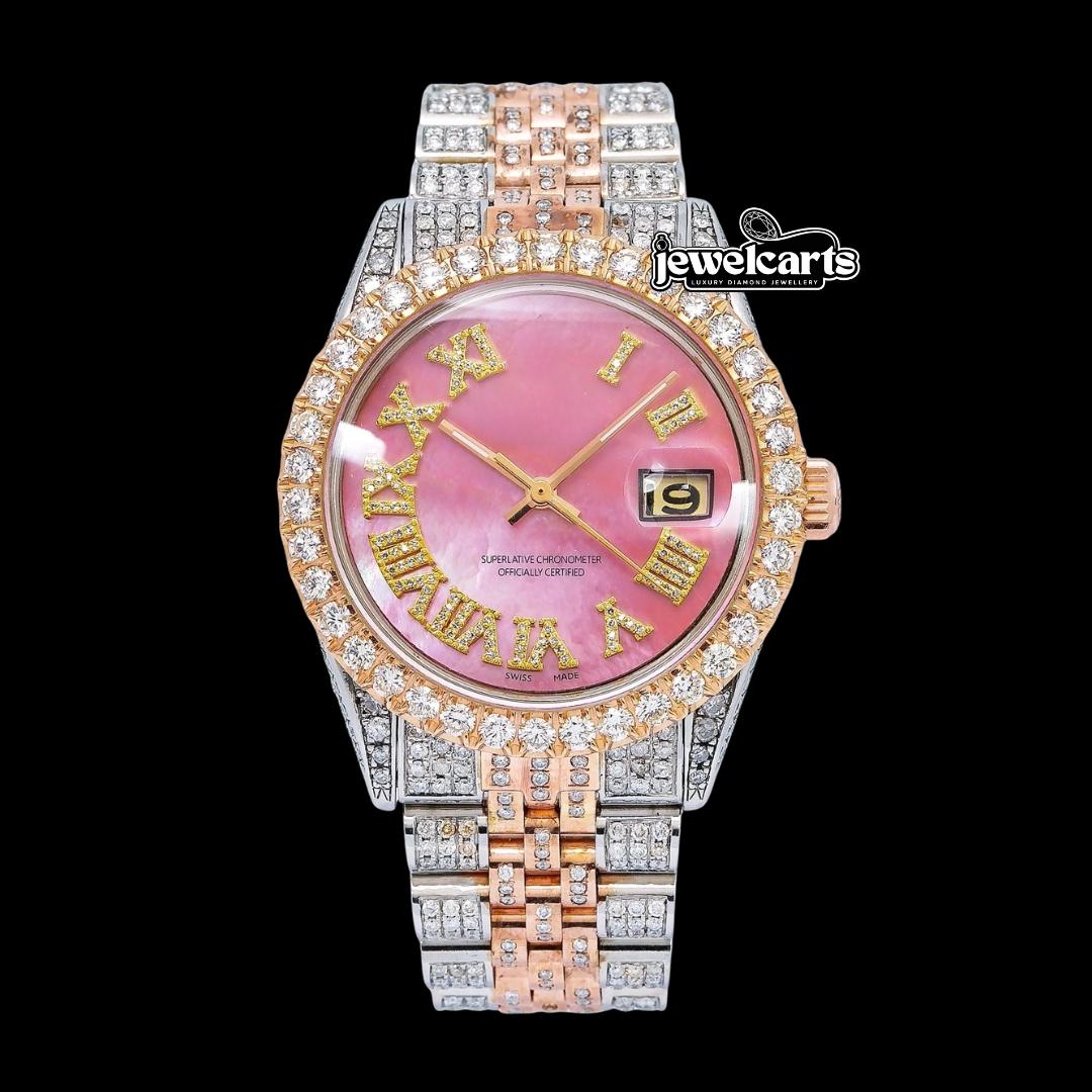 Rolex Datejust Pink Roman Diamond Dial Two Tone Iced Out Jubilee Bracelet Rose Gold Moissanite Watch Front View