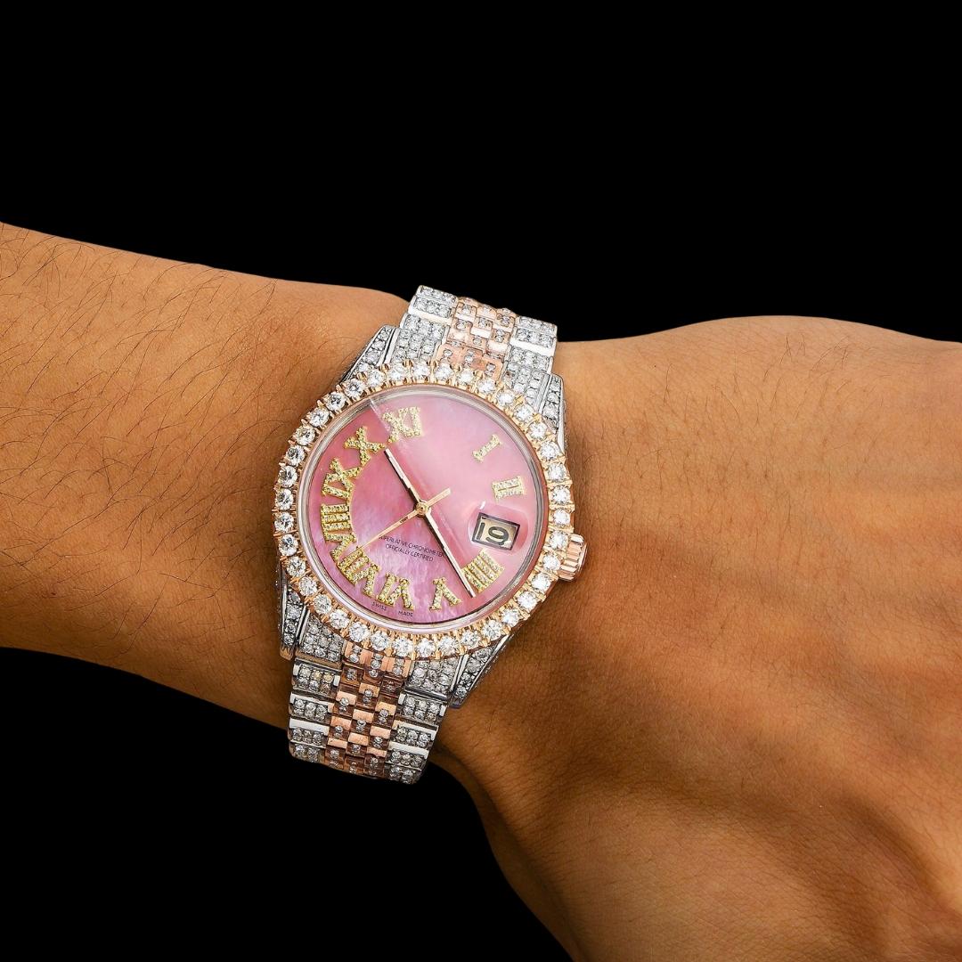 Rolex Datejust Pink Roman Diamond Dial Two Tone Iced Out Jubilee Bracelet Rose Gold Moissanite Watch On Wrist View