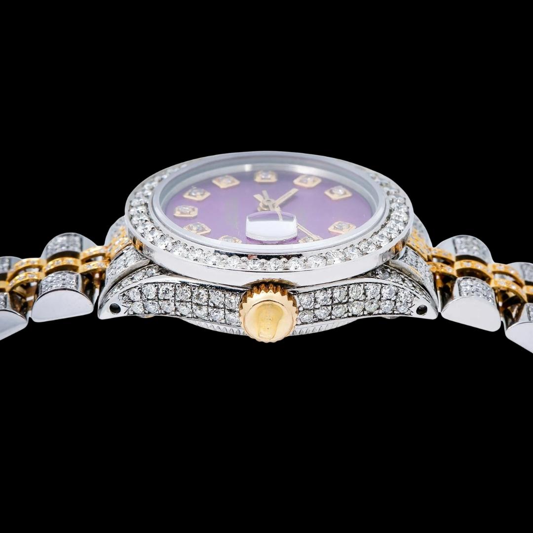 Rolex Datejust Purple Dial Diamond Markers Two Tone Jubilee Bracelet Full Iced Out Moissanite Watch Crown View