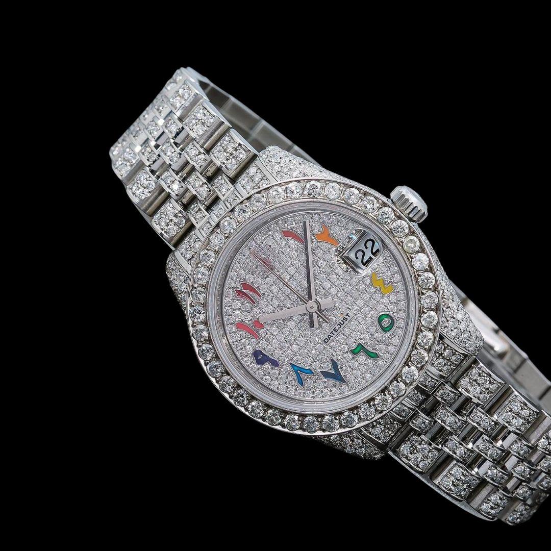 Rolex Datejust Rainbow Arabic Numerals Dial Fully Iced Out Jubilee Bracelet Moissanite Watch Close Up Front View