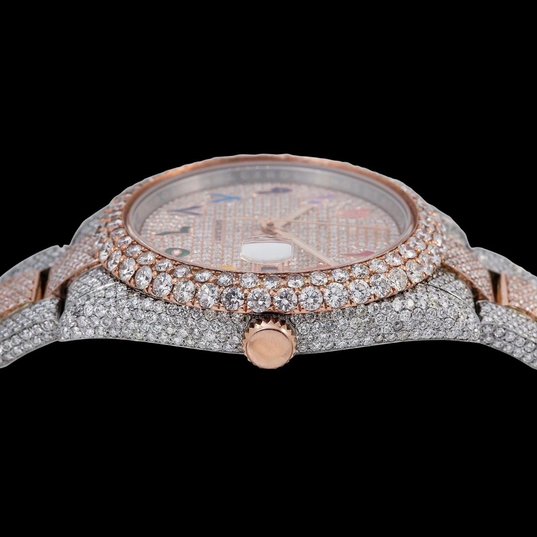Rolex Datejust Rainbow Arabic Numerals Diamond Dial Two Tone Rose Gold Oyster Bracelet Moissanite Watch Crown View