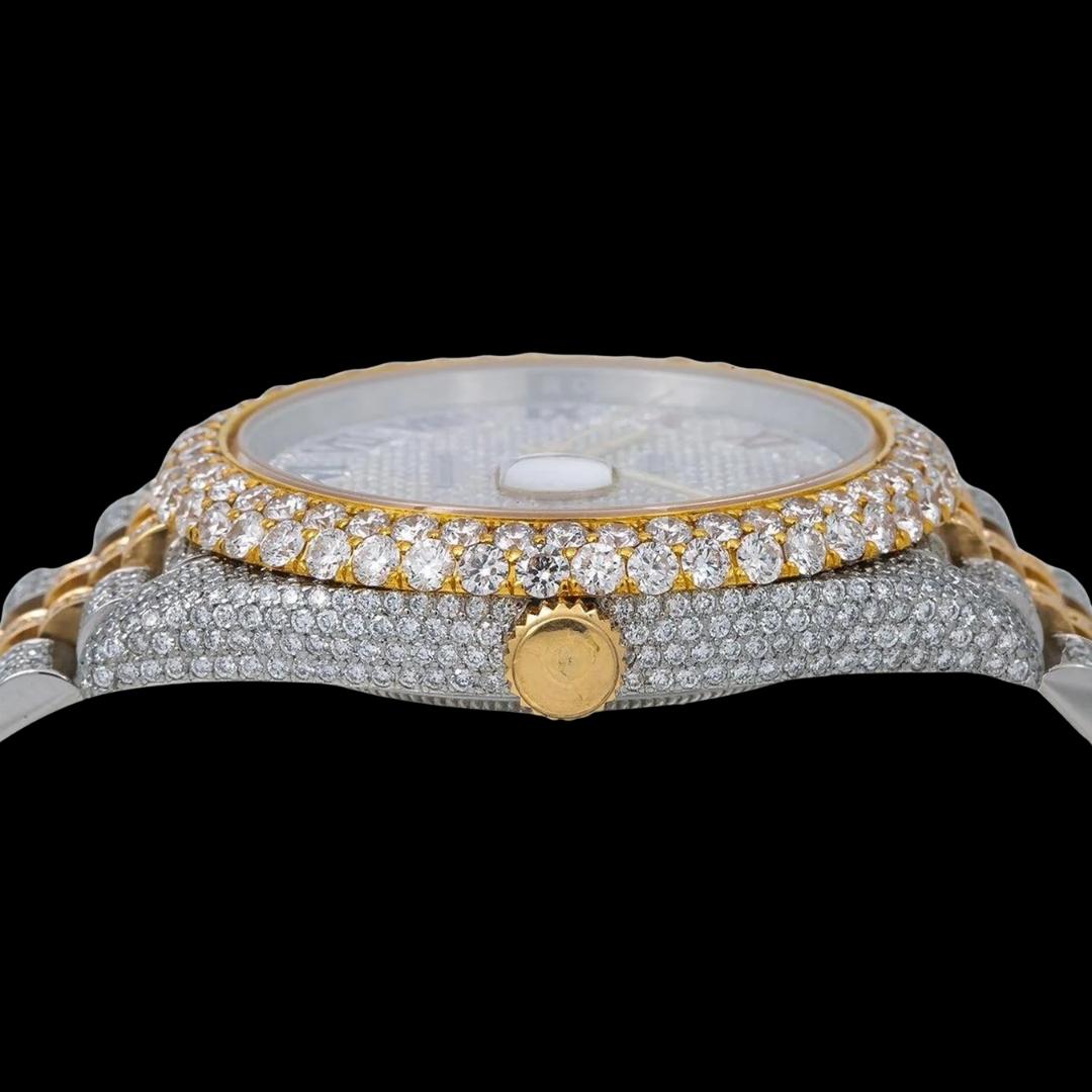 Rolex Datejust Rainbow Roman Numerals Dial Diamond Bezel Two Tone Iced Out Jubilee Strap Moissanite Watch Crown View