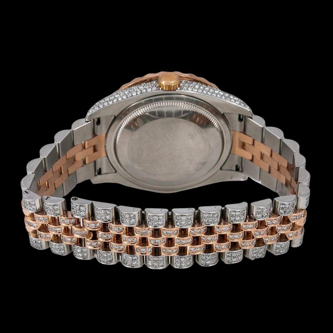 Rolex Datejust Red Arabic Numerals Diamond Paved Rose Gold Dial Two Tone Jubilee Strap Moissanite Watch Caseback View