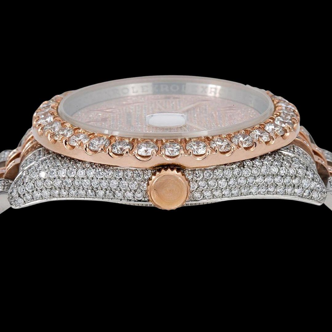 Rolex Datejust Red Arabic Numerals Diamond Paved Rose Gold Dial Two Tone Jubilee Strap Moissanite Watch Crown View