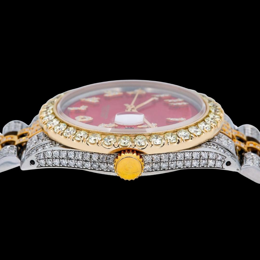 Rolex Datejust Red Dial Diamond Arabic Numerals Two Tone Yellow Gold Jubilee Bracelet Iced Out Moissanite Watch Crown View