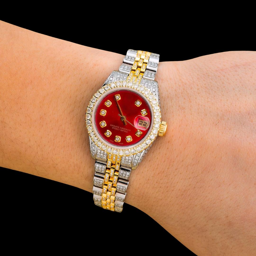 Rolex Datejust Red Dial Diamond Markers Jubilee Bracelet Two Tone Yellow Gold Iced Out Moissanite Watch for Women On Wrist View