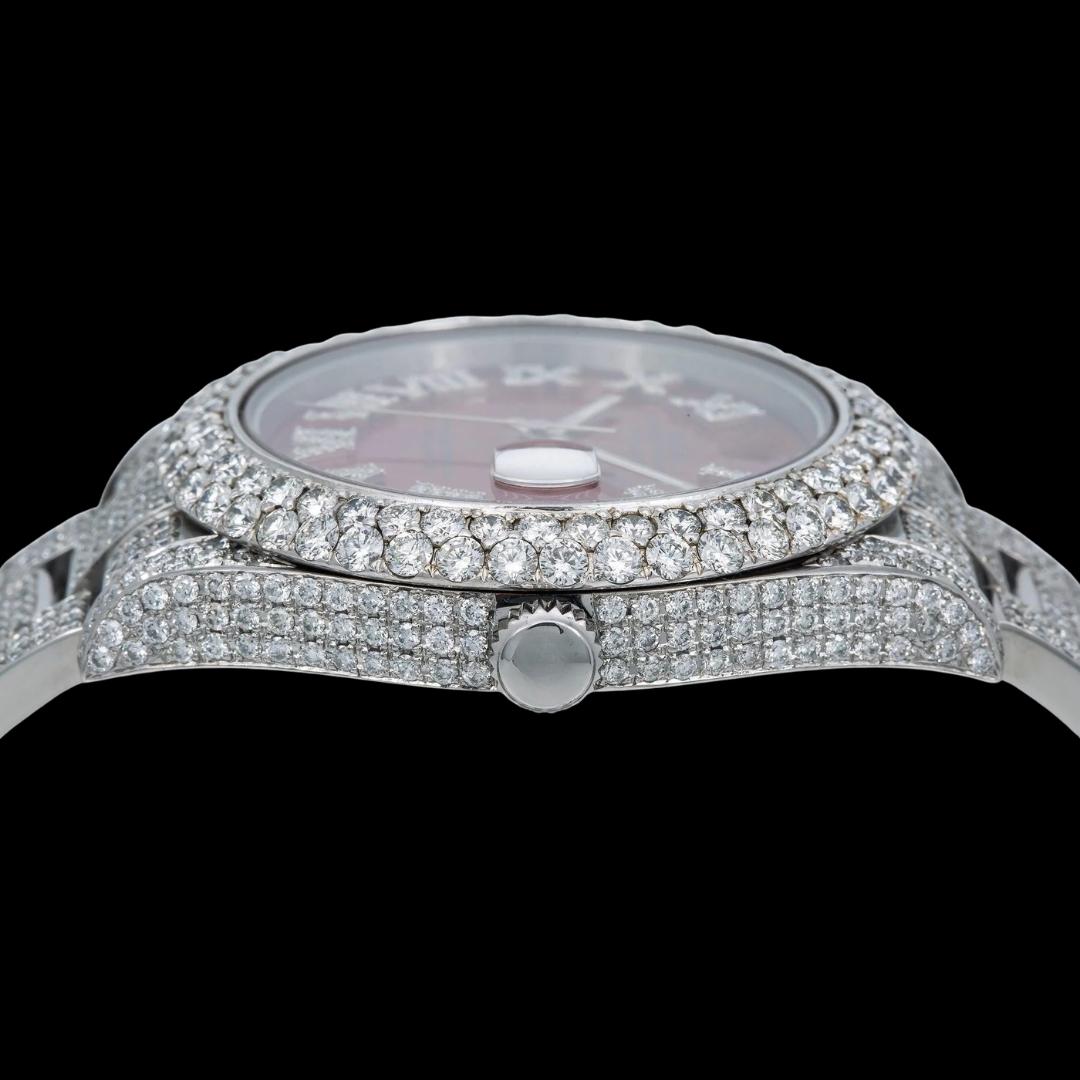 Rolex Datejust Red Roman Diamond Dial Diamond Bezel Fully Iced Out Oyster Bracelet Moissanite Watch Crown View
