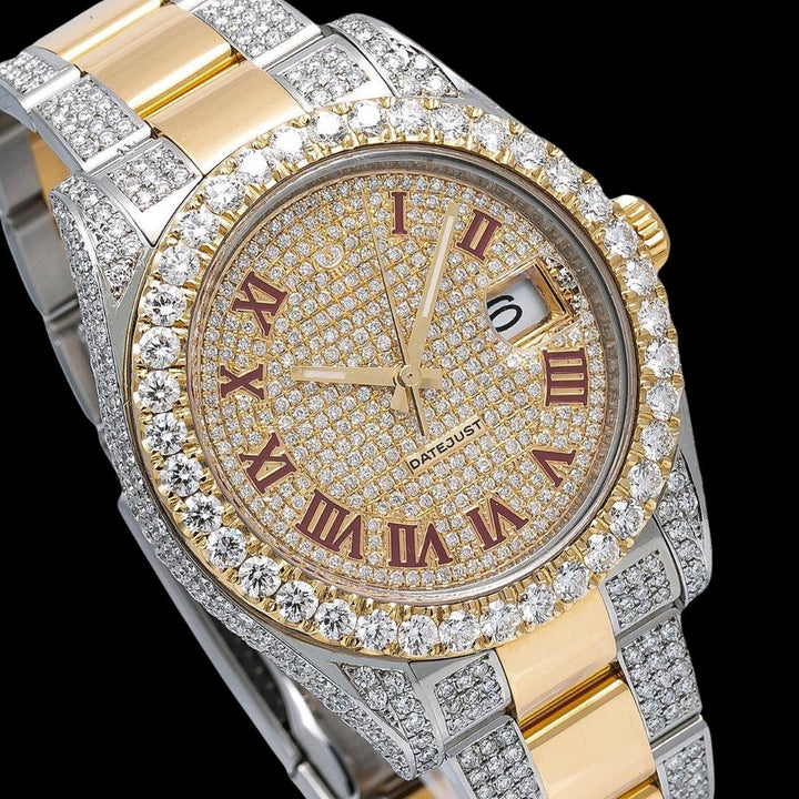 Rolex Datejust Red Roman Numerals Diamond Bezel Two Tone Oyster Bracelet Yellow God Moissanite Watch Close Up Dial View
