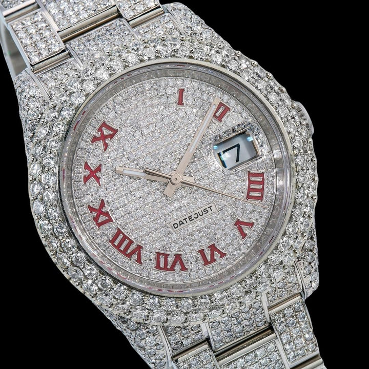 Rolex Datejust Red Roman Numerals Diamond Paved Dial Fully Iced Out Oyster Bracelet Moissanite Watch Close Up Dial View