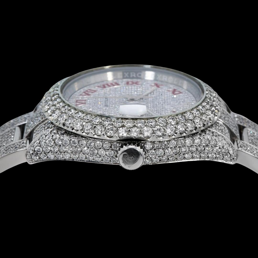 Rolex Datejust Red Roman Numerals Diamond Paved Dial Fully Iced Out Oyster Bracelet Moissanite Watch Crown View
