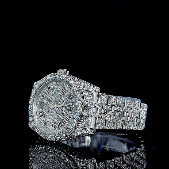 Rolex Datejust Roman Dial Fully Iced Out Jubilee Strap White Gold Moissanite Watch Left Profile View