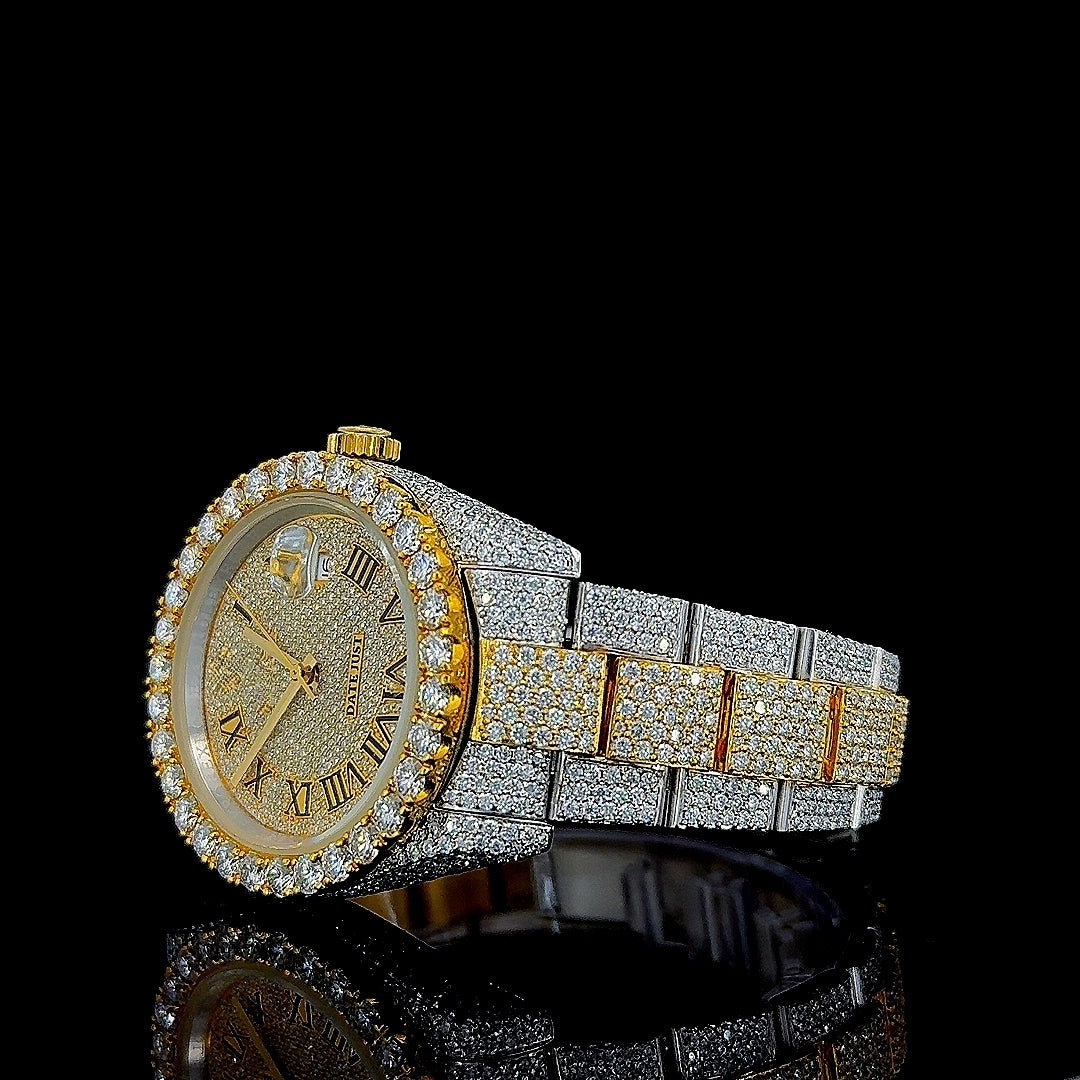 Rolex Datejust Roman Dial Two Tone Yellow Gold Oyster Bracelet Iced Out Watch Left Profile View