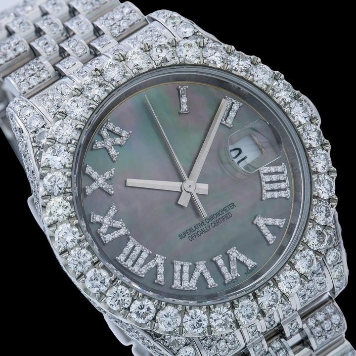 Rolex Datejust Roman Numerals Black Pearl Dial Diamond Bezel Jubilee Bracelet Fully Iced Out Moissanite Watch Close Up Dial View