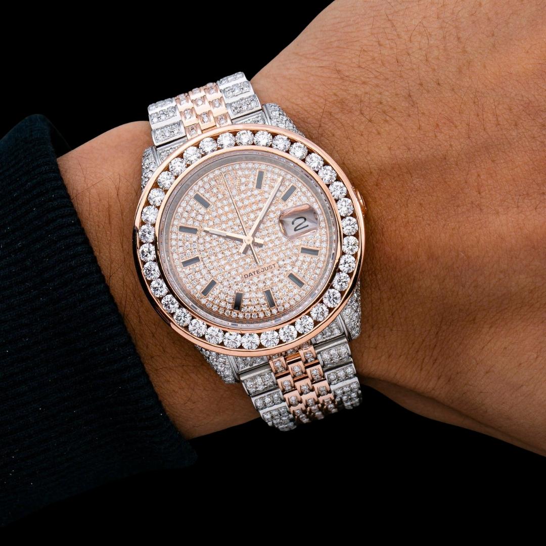 Rolex Datejust Rose Gold Diamond Paved Dial Stick Black Markers Two Tone Iced Out Moissanite Watch On Wrist View