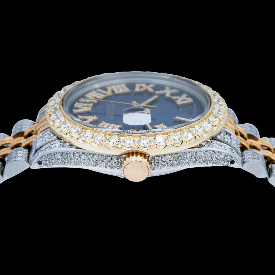 Rolex Datejust Sapphire Blue Roman Dial Two Tone Yellow Gold Jubilee Strap Iced Out Moissanite Watch Crown View