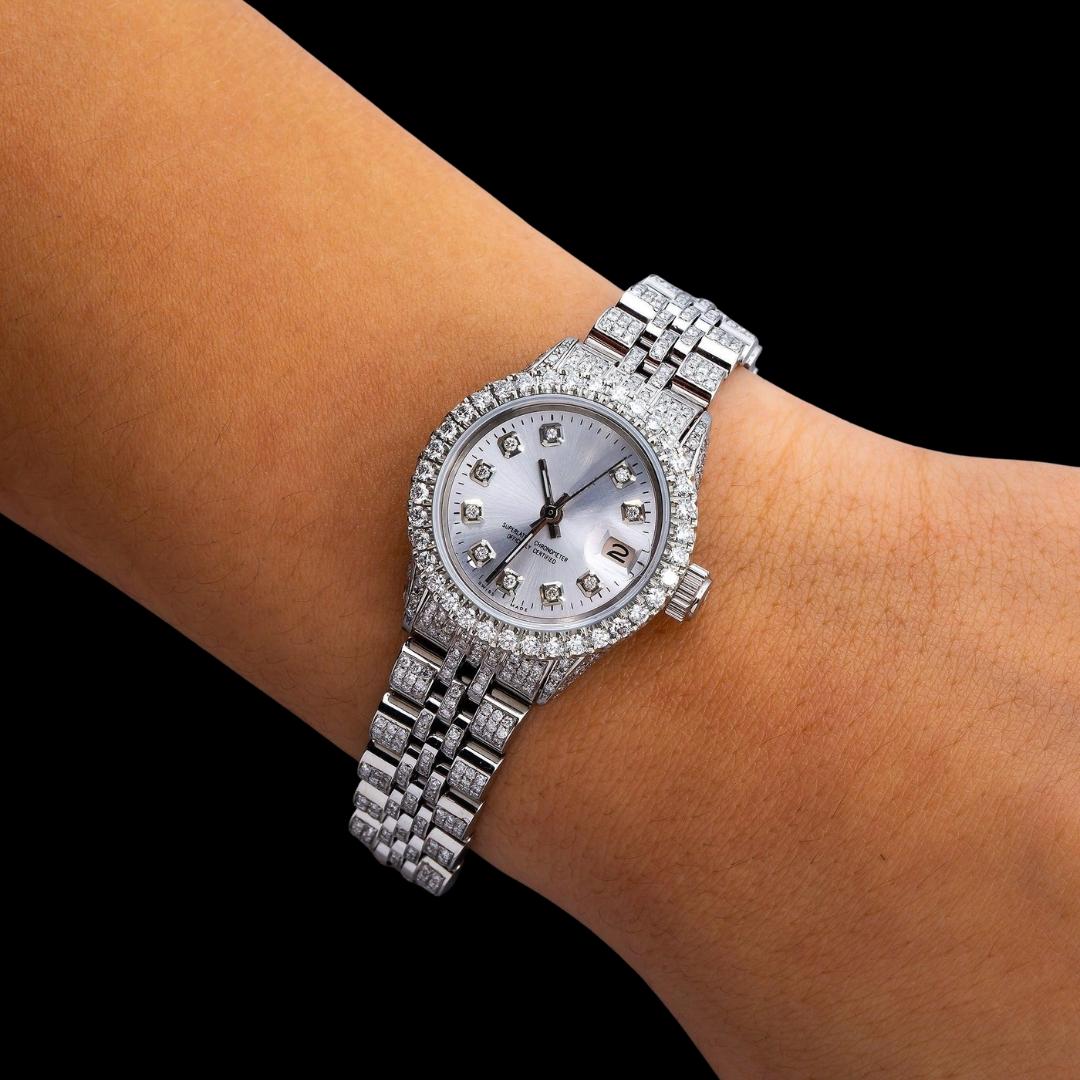 Rolex Datejust Silver Dial Diamond Markers Fully Iced Out Jubilee Bracelet Moissanite Watch On Wrist View