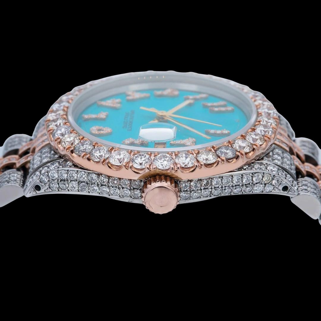 Rolex Datejust Turquoise Dial Diamond Arabic Numerals Two Tone Rose Gold Jubilee Bracelet Full Iced Out Watch Crown View