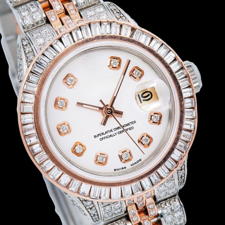 Rolex Datejust White Dial Diamond Markers Jubilee Bracelet Two Tone Iced Out Rose Gold Moissanite Watch Close Up Dial View