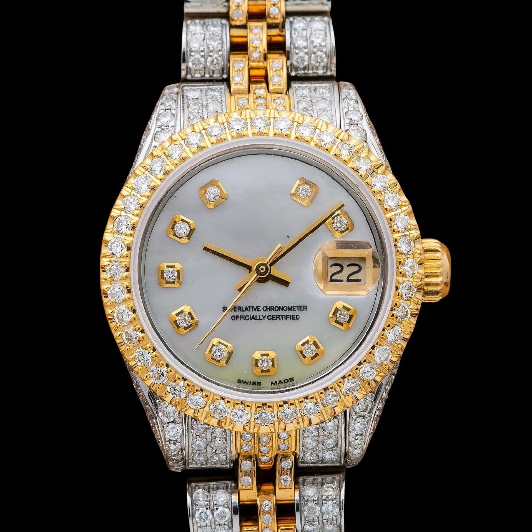 Rolex Datejust White Dial Diamond Markers Two Tone Fully Iced Jubilee Bracelet Moissanite Watch Close Up Front View