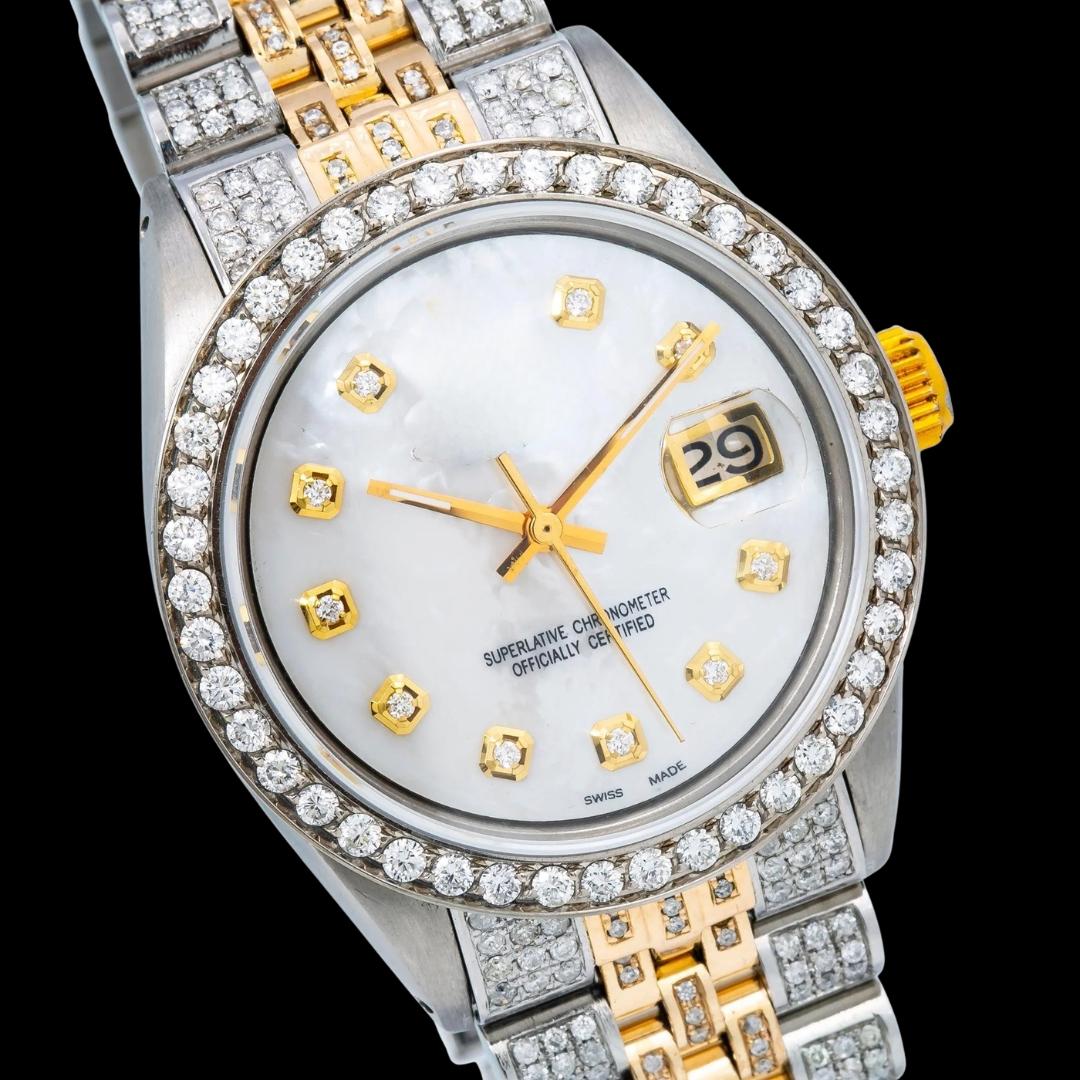 Rolex Datejust White Dial Diamond Markers Two Tone Yellow Gold Fully Iced Jubilee Bracelet Moissanite Watch Close Up Dial View