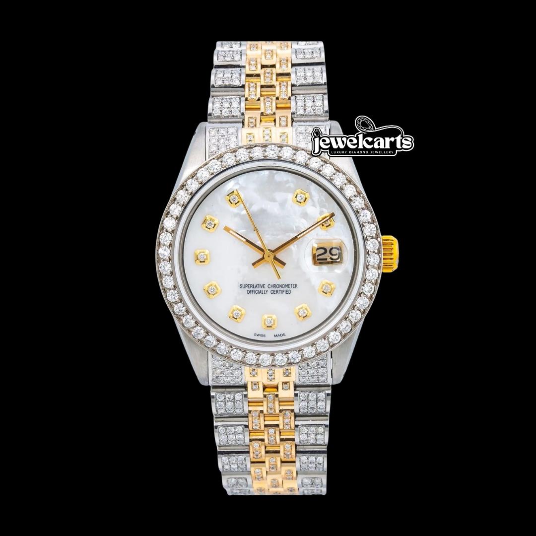 Rolex Datejust White Dial Diamond Markers Two Tone Yellow Gold Fully Iced Jubilee Bracelet Moissanite Watch Front View